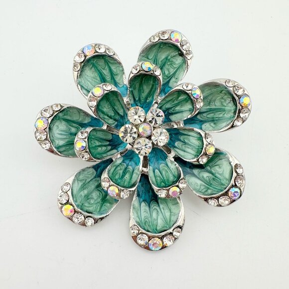 Shimmering Blue Green Peacock Crystal Flower Brooch - Picture 1 of 7